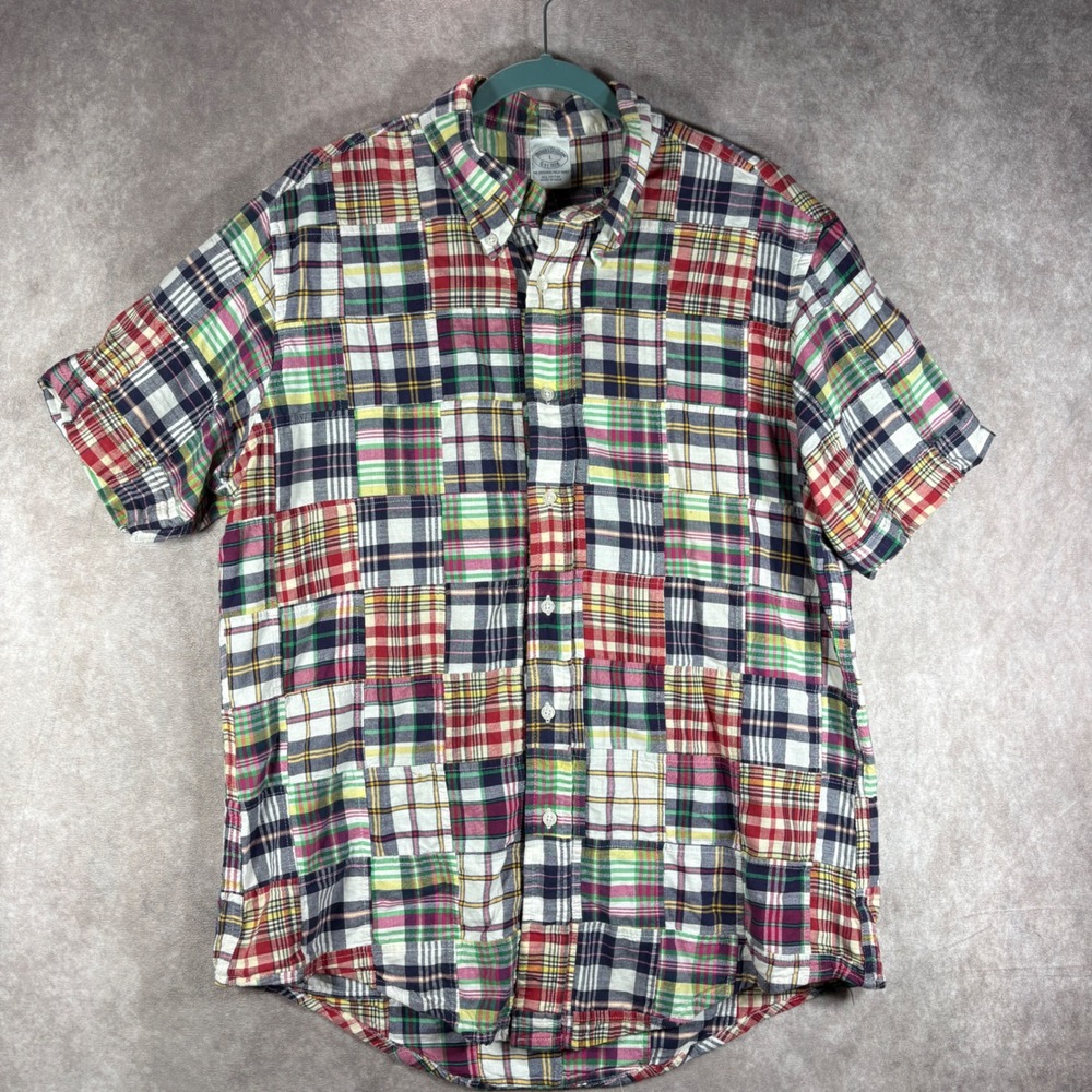 Brooks Brothers Madras Plaid Shirt Mens L Multi Patchwork Button Short Sleeve